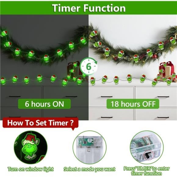 10 FT 30 LED Battery Operated Christmas Lights with Timer Green Christmas Lights - Picture 5 of 7